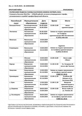 РАСПИСАНИЕ ПОДВОЗА ГАЗОВЫХ БАЛЛОНОВ (ОБМЕН) СЕНТЯБРЬ 2024г.