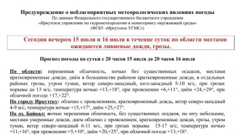 По данным Иркутского управления по гидрометеорологии и мониторингу окружающей среды, сегодня вечером и 16 июля в течение суток по области местами ожидаются ливневые дожди, грозы.